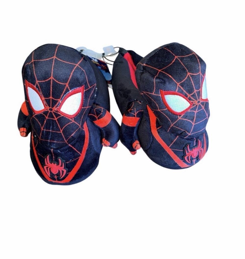 Marvel Spider-Man Miles Morales Kids Slippers Size 2-3 Black Red Plush Slippers